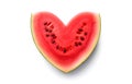 Fresh juicy watermelon slice heart shape isolated on white background