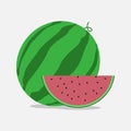 Fresh and juicy whole watermelon and slice in a flat style, for your design. Vector Illustration Royalty Free Stock Photo