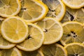 Fresh juicy lemon fruit rings close up background. Royalty Free Stock Photo