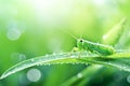 Fresh juicy young grass in droplets of morning dew and a green grasshopper in summer spring on a leaf macro. Royalty Free Stock Photo