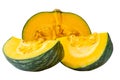 Fresh kabocha or green japanese pumpkin half with slices isolated on white background with clipping path