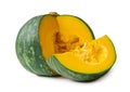 Fresh kabocha or green japanese pumpkin with slice isolated on white background with clipping path