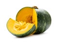 Fresh kabocha or green japanese pumpkin with slice isolated on white background with clipping path