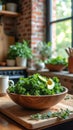Fresh kale and avocado salad in rustic kitchen with natural light Royalty Free Stock Photo