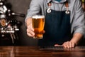 Fresh keg beer. Bartender in apron holds out a glass of light ale in interior Royalty Free Stock Photo