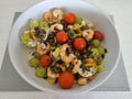 Fresh keto salad with prawns and vegetables and seeds