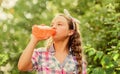 Only fresh. kid drink healthy juice. Organic food. little girl vegetable juice. Only natural rpoduct. drinking vitamin Royalty Free Stock Photo