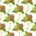 Fresh kiwi fruit with green leaves and juicy splashes background. Summer food seamless pattern Royalty Free Stock Photo
