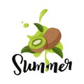 Fresh kiwi fruit with green leaves and juicy splashes illustration. Summer calligraphic card Royalty Free Stock Photo