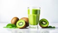 Fresh kiwi green smoothie on white with copy space