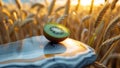 Halved Kiwi Fruit on Polished Stone Against Wheat Field at Sunset Royalty Free Stock Photo