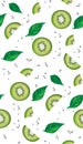 Fresh kiwi slices, leaves and seeds seamless pattern. Realistic illustration