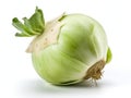 Fresh kohlrabi with green leaves on isolated white backround. full depth of field