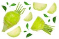 Fresh kohlrabi with green leaves isolated on white backround. Top view. Flat lay