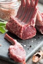 Fresh lamb ribs on the cutting board. Raw meat. Royalty Free Stock Photo