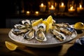 Fresh large oysters, beautifully presented with lemon slices, on a pristine white plate, an exquisite seafood delicacy