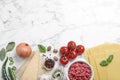 Fresh lasagna ingredients on marble table, flat lay. Space for text