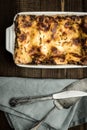 Fresh Lasagna with Minced Beef, Bolognese Sauce and Mozzarella Cheese Royalty Free Stock Photo