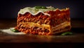 Fresh lasagna slice on wooden table close up generated by AI