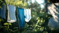 Fresh laundry hanging outdoors on a sunny day. Clean clothes drying on a line in nature. Eco-friendly living and