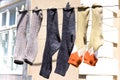 Fresh laundry socks hanging on a clothesline