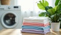 Fresh Laundry: Stack of neatly folded pastel colored clothes in laundry room ,AI generated Royalty Free Stock Photo