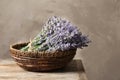 Fresh lavender flowers in basket on wooden  against beige background, space for text Royalty Free Stock Photo
