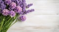 fresh lavender flowers on white wood table background, AI generative Royalty Free Stock Photo