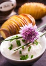 Fresh leaves and flower of a chive plant Royalty Free Stock Photo