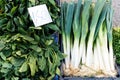 Fresh Leeks and Green Leafy Spinach at Greek Fresh Fruit and Vegetable Market