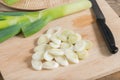 Fresh leeks and sliced on a wooden board. Royalty Free Stock Photo