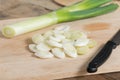 Fresh leeks and sliced on a wooden board. Royalty Free Stock Photo