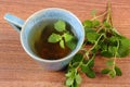 Fresh lemon balm and cup of herbal drink on wooden table Royalty Free Stock Photo