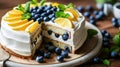 Fresh Lemon Blueberry Cake With Whipped Cream Topping Displayed on a Gray Surface