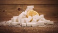 Fresh lemon on bunch of sugar cubes and granulated sugar Royalty Free Stock Photo