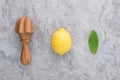 Fresh lemon with citrus juicer stick. Preparation ingredient for Royalty Free Stock Photo