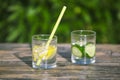 Fresh lemon and cucumber lemonade. drinking straw in glass. chopped fruit slices in water Royalty Free Stock Photo