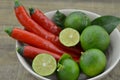 Fresh lemon cut half with chili in bowl on wooden background Royalty Free Stock Photo