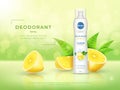 Fresh lemon fragrance. Deodorant ad poster. Green and yellow citrus fruit perfume. Cosmetic product for catalog. Spray