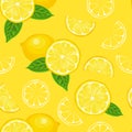 Fresh lemon fruit seamless pattern. Whole lemons, slices and green leaves on yellow background. Royalty Free Stock Photo