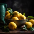 fresh lemon fruits on a rustic wooden background.