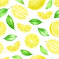 Fresh Lemon fruits whole and sliced seamless pattern. Citrus with leaves isolated on white background. Watercolor hand Royalty Free Stock Photo