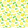 Fresh Lemon fruits whole and sliced seamless pattern. Citrus with leaves isolated on white background. Watercolor hand Royalty Free Stock Photo