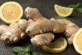 Fresh lemon, ginger and mint on grey table, closeup Royalty Free Stock Photo