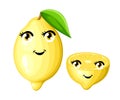 Fresh lemon with leaf and half a lemon cartoon smile fruits with eyes and mouth cartoon style illustration isolated on whit