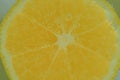 Fresh lemon slice in liquid with bubbles. Close-up of a lemon slice in soda water. Bubbles on lemon. Slice of lemon in Royalty Free Stock Photo