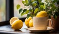 Fresh lemon slice on wooden table, nature healthy refreshment generated by AI