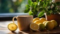 Fresh lemon slice on wooden table, nature healthy refreshment generated by AI