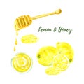 Yellow lemon, honey cup top view and and liquid honey dripping from the honey dipper watercolor illustration isolated on