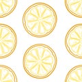 Fresh Lemon slices seamless pattern. Crayon Hand drawn fresh tropical fruit. Orange and Yellow sketch background. Colorful doodle Royalty Free Stock Photo